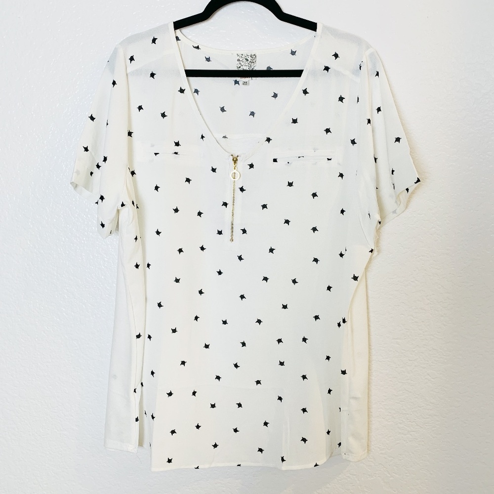 Naif Black Cat Print Blouse Womens 2X White Zipper Whimsigoth Witchy Novelty